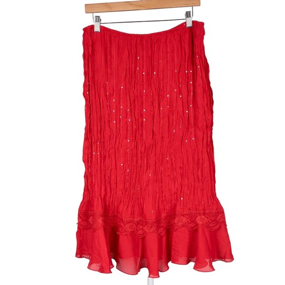 Signature Robbie Bee Maxi Skirt 12 Womens Red Requin Ruffle Twirl Stitching - Picture 5 of 5